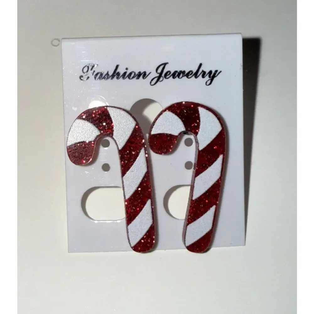 NWT Plastic Red And White Candy Cane Earrings With Rubber Backing